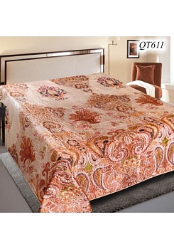 Состав:
1ая сторона - искусственный шелк, с модными дизайнами 3Д.
2ая сторона- белый спанбонд, нетканный материал.
Наполнитель - синтепон. 
	Покрывало 