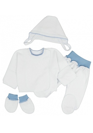 Состав:
Интерлок
Хлопок 100%
	Комплект для новорождённых. Состоит из 4 предметов (распашонка, ползунки на евро резинке, чепчик, царапки).