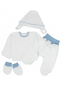 Состав:
Интерлок
Хлопок 100%
	Комплект для новорождённых. Состоит из 4 предметов (распашонка, ползунки на евро резинке, чепчик, царапки).