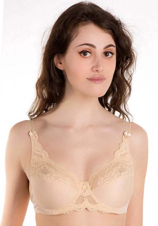 Состав:
Полиамид 90%	
Эластан 10%
     Бюстгальтер с мягкими чашками из эластичного трикотажного полотна и эластичного кружева. На каркасах. Нижние детали чашек на подкладке. Бретели короткие, высокое кружевное украшение выполняющее роль бретели. С