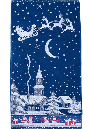 Ткань: Махра
Состав: 
Хлопок 100% 
Размер: 50х90
	Полотенце махровое пестротканое «Santa's Sleigh» производится из 100% натурального сырья и обладает высокой впитывающей способностью. Стойкость окраски и специальная противоусадочная технология о