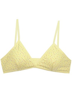 Состав:
Хлопок 95%
Эластан 5%
	Тканевый детский бюстгальтер для девочки с рисунком в цветной горошек на тонких бретельках с треугольными чашечками и выточками.