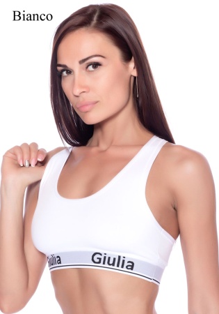 Состав:
Хлопок 95%
Эластан 5%
	Хлопковый спортивный топ со спинкой-борцовкой, овальным вырезом и широкими бретелями. Резинка модели декорирована круговой надписью 