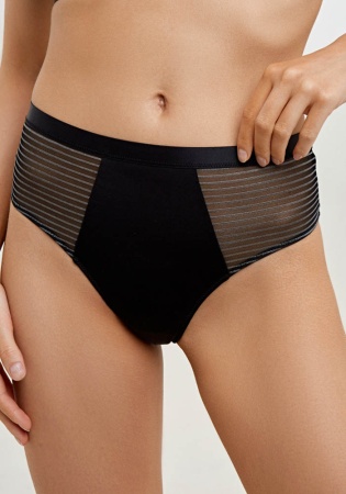 Состав:
Эластичное полотно
ПА 72%
ПУ 28%
Эластичная сетка
ПА 82%
ПУ 18%
Ластовица
Хлопок 100%
	Женские трусы-стринги с завышенной талией, выполнена из эластичного полотна и эластичной сетки. Ластовица выполнена из хлопка. 