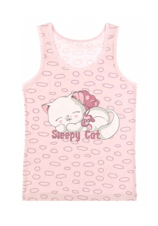 Состав:
Хлопок 95%
Эластан 5%
	Детская майка для девочки на широких бретелях. Спереди украшен рисунком. 