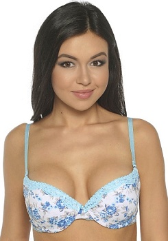 Состав:
Полотно
Хлопок 95%,
ПУ 5%
Кружево
ПА 90%,
ПУ 10%
	Бюстгальтер классической формы с формованной чашкой с Push-Up для размеров 70AB, 75ABC, 80B и без Push-Up для размеров 70C, 75DE, 80CDE, 85BCD. Детали бюстгальтера выполнены из принтован