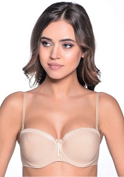 Состав:
Полиамид  50% 
Полиэстр 25%
Хлопок 15%
Эластан  10%
  Бюстгальтер из эластичного трикотажа с полосатой фактурой. Модель балконет с формованными чашечками на каркасах с подкладкой из «дышащего» материала, декорирована кружевной тесьмой и