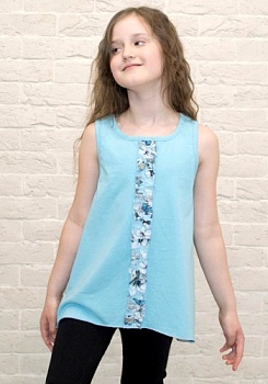 Состав:
Кулирка
Шифон
	Детская майка для девочки. Спереди декорирована шифоновой полоской, спина полностью шифоновая. 