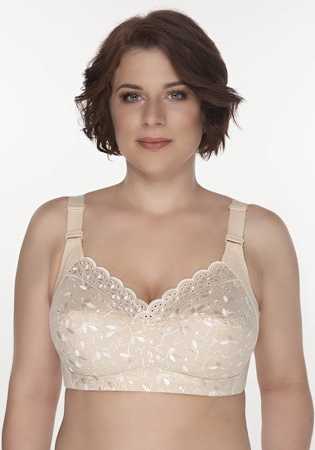 Состав:
Хлопок 45%
Полиамид  35% 
Эластан  10%
Вискоза  10%
   Бюстгальтер из вышитого тканого хлопкового и эластичного трикотажного полотна. Без каркасов. Мягкие чашки с боковой корректирующей деталью. Нижние детали чашек на подкладке из ткано