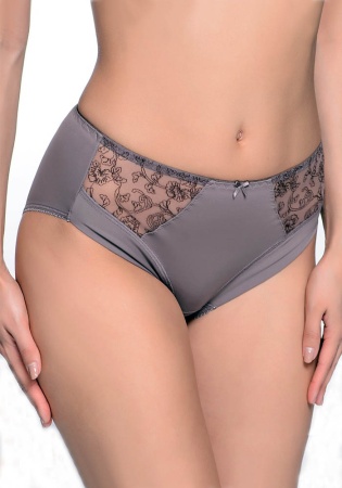 Трусы «слип» из эластичного трикотажного полотна и неэластичного вышитого полотна. Высокая линия талии. Передние нижние детали выполнены всгиб. Отделка - атласный бантик.