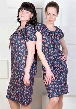 Состав:
Масло
Полиэстер 100% 
	Платье свободного фасона. Лиф в стиле «крестьянка». На горловине и на рукавах резинки, позволяющие менять посадку.