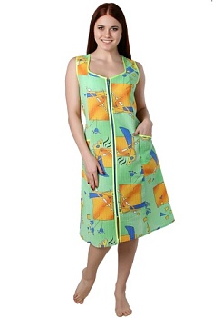 Состав:
Хлопок 100%
	Халат женский с застёжкой на тесьму-молнию. Полочка с рельефами и двумя накладными боковыми карманами. Вырез горловины и проймы окантованы. Низ изделия обработан швом в подгибку

Обратите внимание: расцветка товара на сайте 