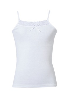 Состав:
Хлопок 100%
	Детская майка для девочки на тонких бретелях. Вырез украшен кружевом и бантиком. 
