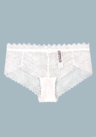 Состав: 
Нейлон 90%
Эластан 10% 
     Нежные женские трусы-шорты из кружева белого цвета. 