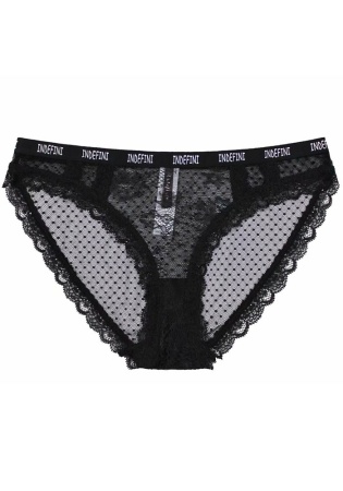 Состав:
Ткань: Полиамид 88% / Эластан 12%
Кружева: Нейлон 90% / Эластан 10%
     Женские кружевные трусы черного цвета.  Пояс декорирован названием бренда. 