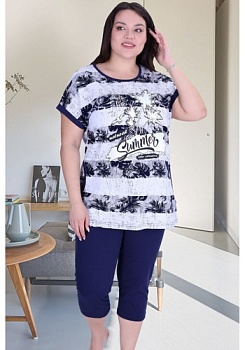 Состав:
Кулирка
Хлопок 100%
   Женский комплект. Футболка выполнена из принтованного полотна, спереди украшена рисунком. Бриджи выполнены из однотонной ткани. 

Обратите внимание: расцветка товара на сайте может отличаться от фактической расцве