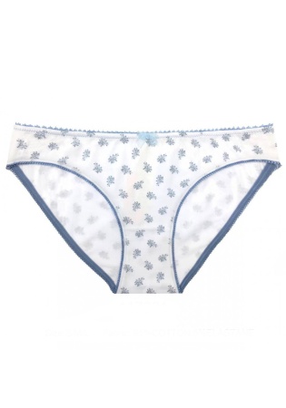 Состав:
Хлопок 95%,  
Эластан 5%
	Женские трусики белого цвета из набивного полотна. Пояс украшен атласным бантиком нежно-голубого цвета.