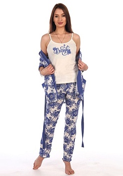 Состав:
Хлопок 100%
	Комплект женский, состоит из майки с принтом, свободных штанов и халата с запахом.

Обратите внимание: расцветка товара на сайте может отличаться от фактической расцветки. Оптовый склад оставляет за собой право поставить тов