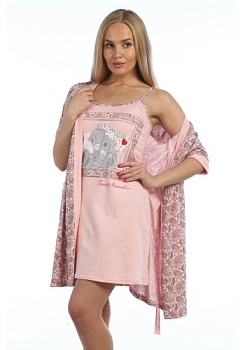 Состав:
Кулирка
Хлопок 100%
	Комплект, ночная сорочка и халат, выполнены в контрасте. Полуприлегающая сорочка на бретелях с принтом. Халат с глубоким запахом, где полочки, манжет рукава и карманы декорированы контрастной тканью.