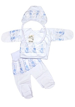 Состав:
Интерлок
Хлопок 100%
	Комплект для новорожденных на выписку (чепчик + распашонка + ползунки) с кружевом. 