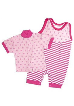 Состав:
Интерлок
Хлопок 100%
	Комплект ясельный. Состоит из двух предметов (полукомбинезон + кофточка с короткими рукавами).