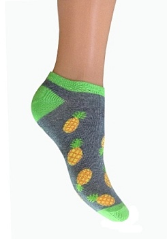 Состав: 
Хлопок 60%, 
Полиамид 23%, 
Пп 14%
Эластан 3%
	Детские подростковые носки с фруктовым рисунком.