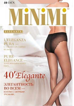 Состав:
Полиамид 86%,
Эластан 11%, 
Хлопок 3%
    Шелковистые полупрозрачные колготки плотностью 40 ден, формованные, с укрепленным мыском, комфортным широким поясом и ажурными трусиками-бикини с х/б ластовицей.