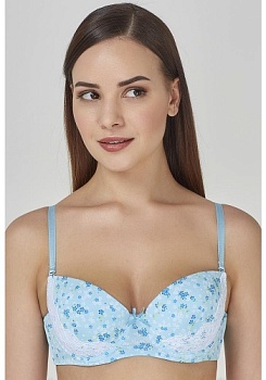 Состав:
Эластичное полотно
ПА 85%,
ПУ 15%
Кружево
ПА 90%,
ПУ 10%
	Бюстгальтер формы T-Shirt с формованной чашкой без Push-ap для всех размеров. Детали бюстгальтера выполнены из эластичного принтованного полотна и кружева. Чашка декорирована отл