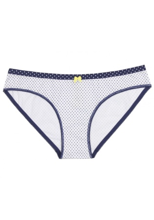 Состав:
Хлопок 95%,  
Эластан 5%
	Женские трусики белого цвета в мелкий синий горошек с синей окантовкой, украшенные желтым атласным бантиком.