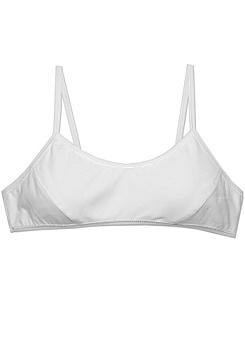 Состав:
Хлопок 95%
Эластан 5%
	Тканевое подростковое бюстье для девочки на тонких бретельках,  перед двойной с выточками для груди, сзади сплошная широкая полоса.