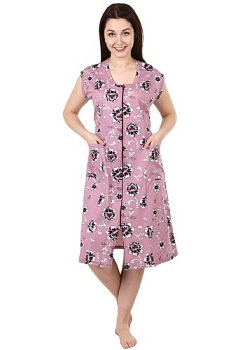 Состав:
Хлопок 100%
	Халат из набивного полотна прямого свободного силуэта с коротким втачным рукавом. На молнии. Спереди накладные карманы. Круглая горловина обработана обтачкой. Низ изделия и низ рукавов обработан швом «в подгибку».

Обратите 