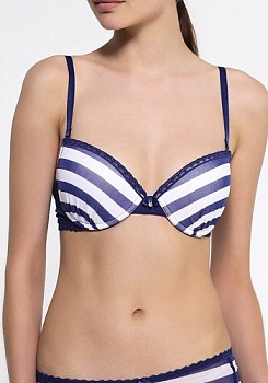 Состав:
Эластичная сетка
ПА 88%,
ПУ 12%
	Бюстгальтер классической формы с формованной чашкой с Push-up для размеров 70АВ, 75ABC, 80B и без Push-up для размеров 70C, 75DE, 80CDE, 85BCD. Детали выполнены из сетчатой ткани в сине-белую полоску. Чашеч