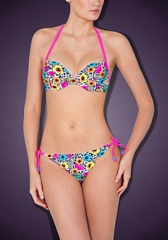 Состав:
Эластичное полотно
ПА 82%,
ПУ 18%
	Купальник раздельный, выполненный из классической купальной ткани с использованием неоновых цветов. Бюстгальтер классической формы с формованной чашкой с Push-up для размеров 70AB, 75ABC, 80B и без Push-u