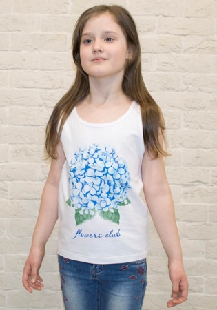 Состав:
Кулирка
Хлопок 100%
	Детская майка для девочки белого цвета с апликацией. 