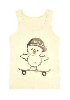 Состав:
Хлопок 95%
Эластан 5%
	Детская майка для девочки на широких бретелях. Спереди украшен рисунком. 