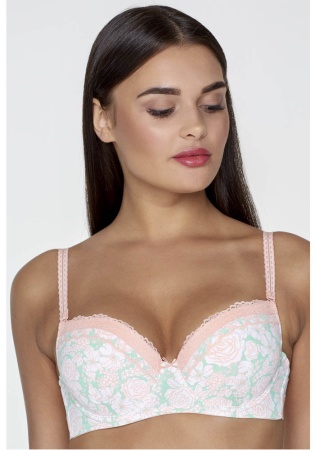 Состав:
Эластичное полотно
ПА 85%,
ПУ 15%
Кружево
ПА 90%,
ПУ 10%
	Бюстгальтер формы T-Shirt с формованной чашкой без Push-ap для всех размеров. Детали бюстгальтера выполнены из эластичного принтованного полотна, декорированы эластичной лентой с