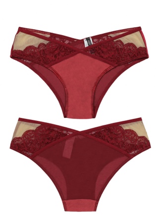 Состав:
Полотно: полиэстер  93% / эластан 7%
Кружево: полиамид  90% / эластан 10%
    Стильные, кружевные женские трусы. Передняя деталь выполнена из  полотна, задняя деталь выполнена из кружева. 