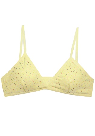Состав:
Хлопок 95%
Эластан 5%
	Тканевый детский бюстгальтер для девочки с рисунком в цветной горошек на тонких бретельках с треугольными чашечками и выточками.