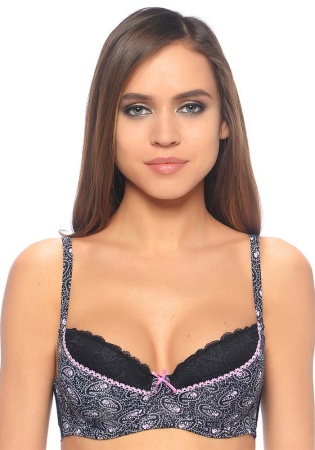 Состав:
Эластичное полотно
ПА 85%,
ПУ 15%
Кружево
ПА 90%,
ПУ 10%
	Бюстгальтер формы T-Shirt с формованной чашкой без Push-ap для всех размеров. Детали бюстгальтера выполнены из эластичного принтованного полотна и кружева. Чашка декорирована эла