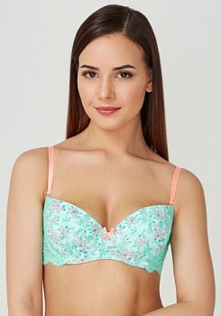 Состав:
Эластичное полотно
ПА 85%,
ПУ 15%
Кружево
ПА 90%,
ПУ 10%
	Бюстгальтер формы T-Shirt с формованной чашкой без Push-ap для всех размеров. Детали бюстгальтера выполнены из эластичного принтованного полотна и кружева. Центральная деталь дек