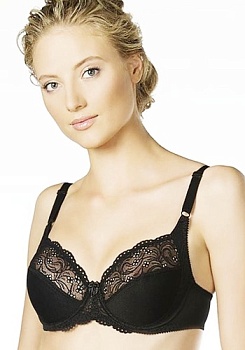  Состав : 
Полиамид 90%
Эластан 10% 
      Бюстгальтер из эластичного кружева и эластичного и неэластичного трикотажных полотен. На каркасах. Мягкие чашки с двойным членением и боковой корректирующей деталью. Отделка - бантик.