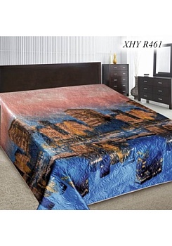 Состав:
1ая сторона - искусственный шелк, с модными дизайнами 3Д.
2ая сторона- белый спанбонд, нетканный материал.
Наполнитель - синтепон. 
	Покрывало 