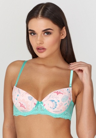 Состав:
Эластичное полотно
ПА 85%,
ПУ 15%
Кружево
ПА 90%,
ПУ 10%
	Бюстгальтер формы T-Shirt с формованной чашкой с небольшим мягким Push-Up для всех размеров. Детали бюстгальтера выполнены из эластичного принтованного полотна и кружева. Централ