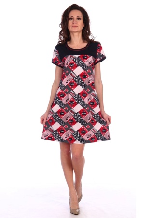 Состав: 
Кулирка 
Хлопок 100% 
	Летняя туника   расклешенного  силуэта, длиной чуть выше колена.  По переду кокетка и карманы. Спинка без особенностей.  Рукав втачной, короткий.  Горловина и низ рукава окантованы.  Туника выполнена из  материалов –