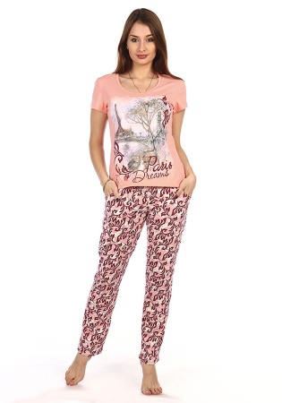 Состав:
Хлопок 100%
	Домашний костюм,состоящий из однотонной футболки, с принтом. Брюки удобного кроя на резинке.

Обратите внимание: расцветка товара на сайте может отличаться от фактической расцветки. Оптовый склад оставляет за собой право пос