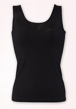 Состав:
Хлопок 95%
Эластан 5%
	Женская майка на широких бретельках, украшенная U-образной прозрачной вставкой.