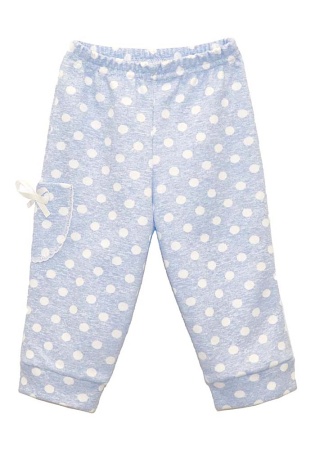 Состав:
Интерлок
Хлопок 100%
	Штанишки для девочки из тонкого мягкого интерлока спокойных расцветок голубого, розового и серого оттенка в белый горошек, с белым атласным бантиком на кармане.