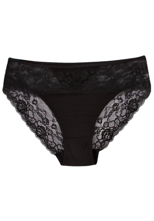 Состав:
Хлопок 95%
Эластан 5%
	Женские трусы-баталы  черного цвета. Спереди кружевная вставка. 