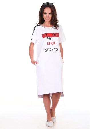 Состав: 
Кулирка пенье с лайкрой 
Хлопок 90%,
Лайкра 10% 
    Платье женское  прямого силуэта, длиной чуть ниже колена, спинка чуть длиннее.  Спинка и перёд без особенностей. Рукав – «реглан», короткий. Боковые швы заканчиваются разрезами. На поло