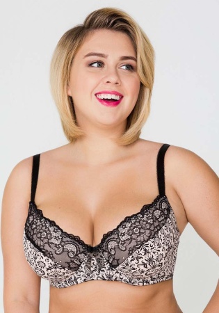 Состав:
Эластичное полотно
ПА 85%,
ПУ 15%
Эластичное кружево
ПА 90%,
ПУ 10%
	Бюстгальтер формы T-Shirt с формованной чашкой без Push-ap для всех размеров. Детали бюстгальтера выполнены из эластичного принтованного полотна и кружева. Центральная